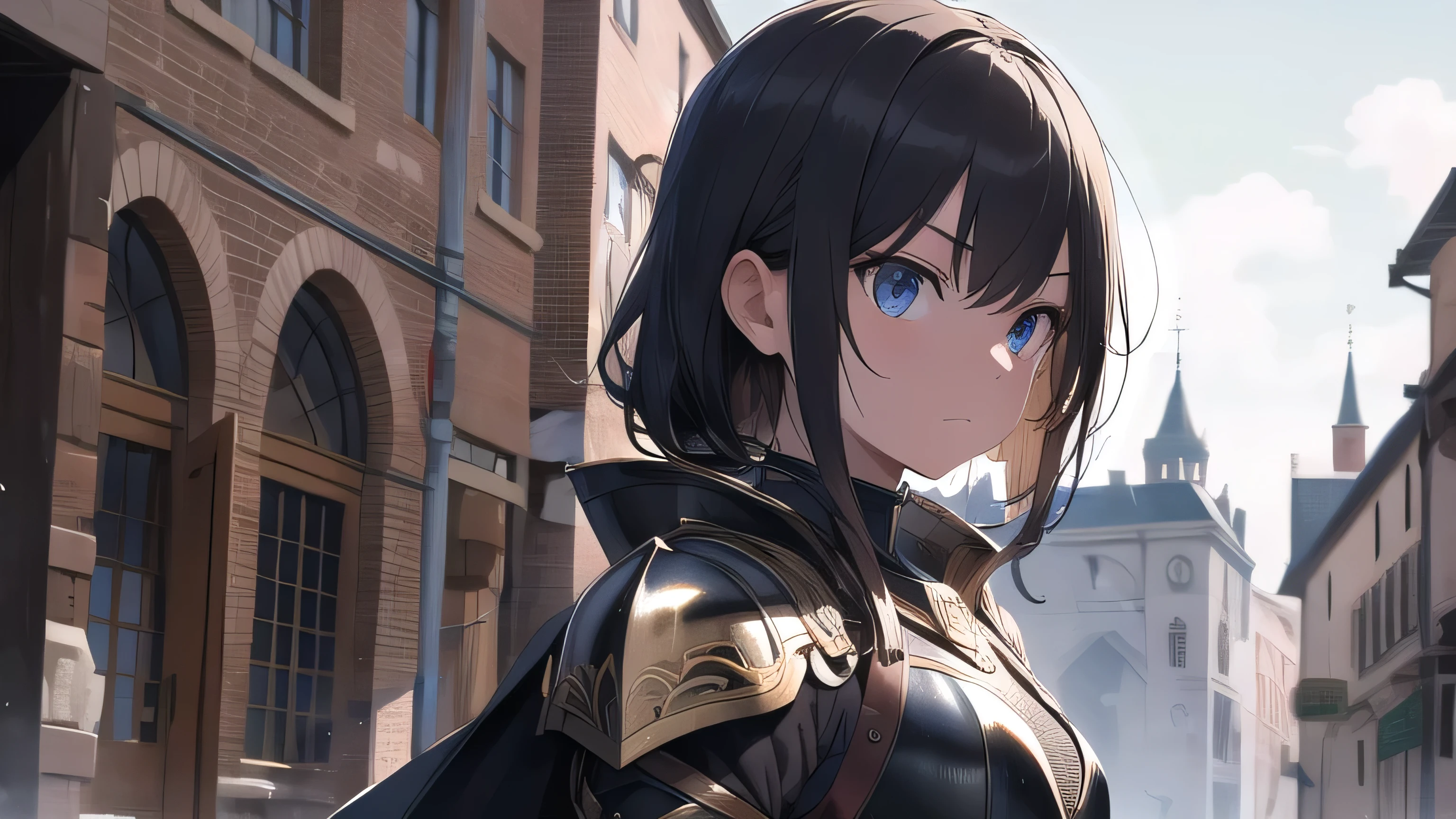 (highres), dark and mysterious, armor, shining metallic plates, powerful and confident stance, moonlit battlefield, intensity, dramatic lighting, epic battle, flowing cape, golden accents, moonlight reflection, dangerous aura, determination, glowing eyes, war-torn surroundings, intricate engravings on the armor, skilled warrior, medieval setting, shadows, intense expression, warrior princess, fearsome reputation, iconic silhouette, evokes awe and respect.