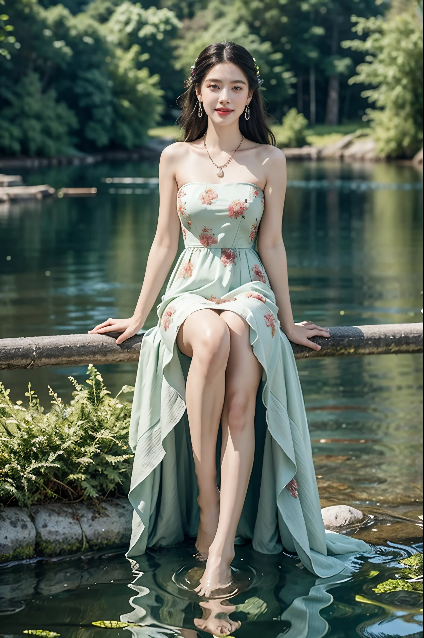 8K, ultra hd, masterpiece, very realistic, 1 girl, good face, very long hair, detailed eyes, detailed lips, super round medium breasts, Short Strapless Tulle Beads Prom Dress Green Mini Elegant 3D Flowers, ((pink,red,blue,black,green,meroon,purple,yellow colour random dress)), ((High resolution Dress Quality)), diamonds, jewellery, necklace, earring, lake, landscape, sitting, Bridge, Forest , standing in lake water , legs in water, Pine trees , Perfect body figure, Beautiful Smile, Cinematic photography, Sexy angles, Stylish poses, 4 Different poses, k , high resolution picture quality, very clear body figure, Flowers in hand, Flowers on Hair, walking in water, waterfalls