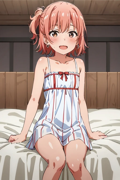 ((highest quality)), ((masterpiece)), (be familiar with), Perfect Face, indoor, Bedroom, Watching the audience,
One woman, Yuigahama Yui,
Open Mouth, Ecstatic expression, blush, smile,
Small breasts, Flat Chest, Young Girl, , , Girl,
Short Hair, Salmon-colored hair, Salmon-colored eyes, Side Pony,
Leg spread,