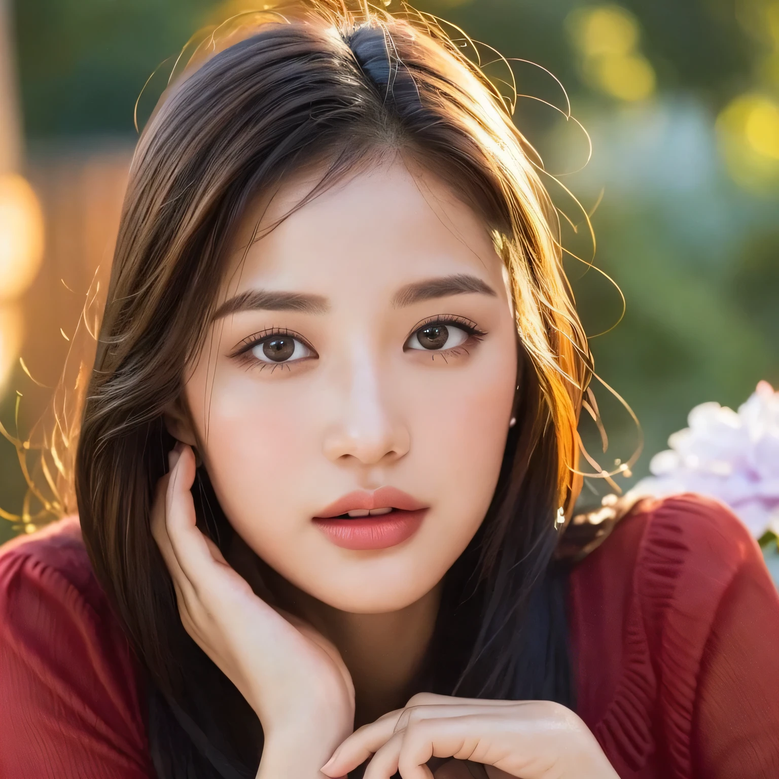 ((Te amo mucho mi amor, Best quality, 8K, Masterpiece: 1.3)), A beautiful woman with expressive eyes: 1.4, Deeply emotional, Longing gaze: 1.5, Sensual lips parted in a whisper: 1.2, Passionate, Intimate setting: 1.2, Soft focus on the face: 1.1, Flowers or roses nearby: 1.1, Warm and inviting colors: 1.2, Detailed facial texture, Glowing complexion, Heartfelt, Romantic, Hand reaching out, Close up shot, Captivating, Soulful, Endearing.