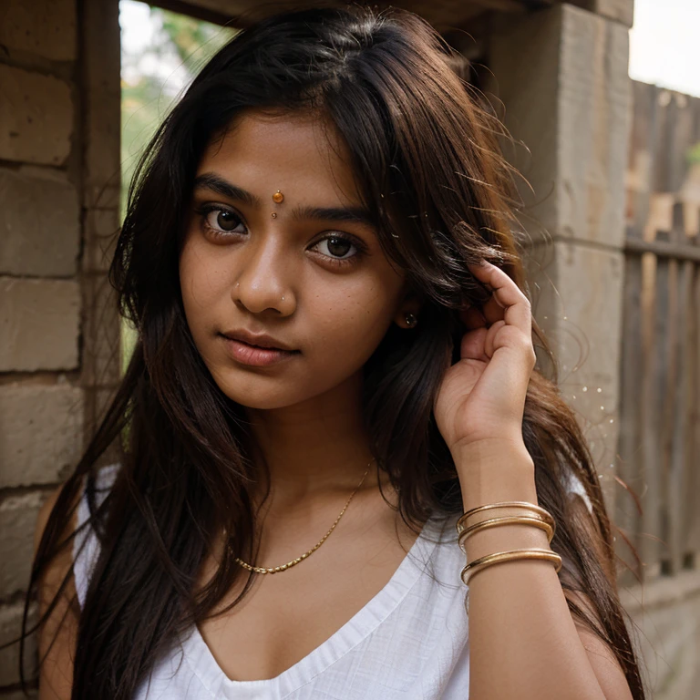 An 18-year-old indian girl is staring at me, her magical eyes have magic, her eyes are drawn, her eyes are trying to tell a secret, her eyes are bright, the girl is wearing traditional dress ,bangles om hand,Crossy eyes,long hair