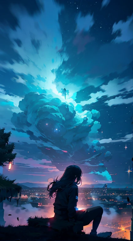 octans, sky, star (sky), scenery, starry sky, night, 1girl, night sky, solo, outdoors, building, cloud, milky way, sitting, tree, long hair, city, silhouette, cityscape