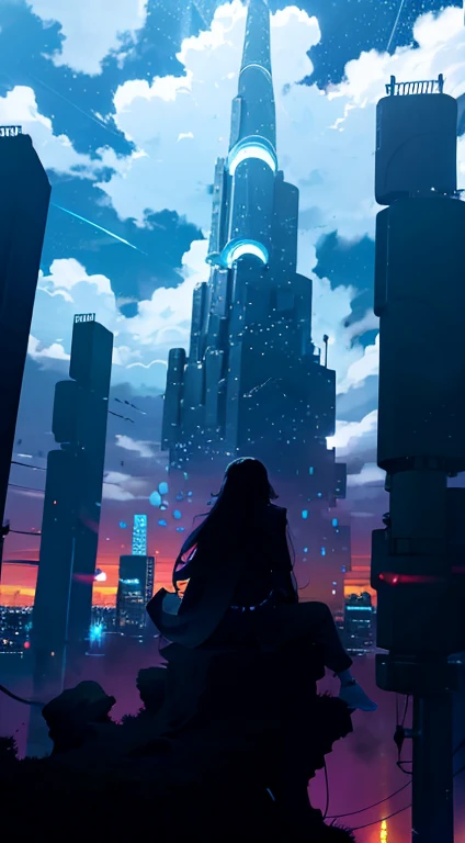 octans, sky, star (sky), scenery, starry sky, night, 1girl, night sky, solo, outdoors, building, cloud, milky way, sitting, tree, long hair, city, silhouette, cityscape