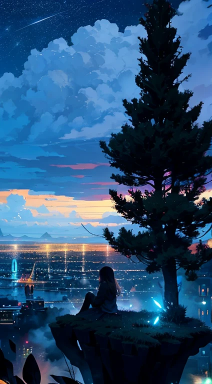 octans, sky, star (sky), scenery, starry sky, night, 1girl, night sky, solo, outdoors, building, cloud, milky way, sitting, tree, long hair, city, silhouette, cityscape