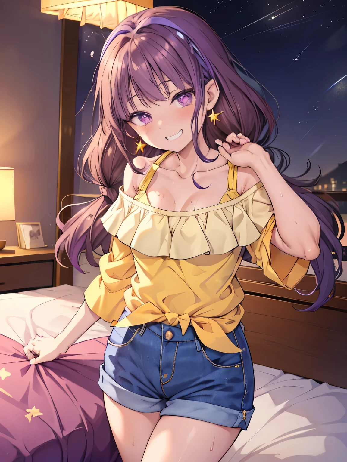 Amanogawa Kist, One girl, alone, Purple hair band, Brown Hair、Star earrings, Yellow Shirt,  Off the shoulder、
Small denim hot pants、  View your viewers, 

Thighs、Big Breasts、 Groin、Purple Eyes、
(blush、Grin、Sweat、Fever、Estrus)、Raise your arms、

bedroom、On the bed、night、