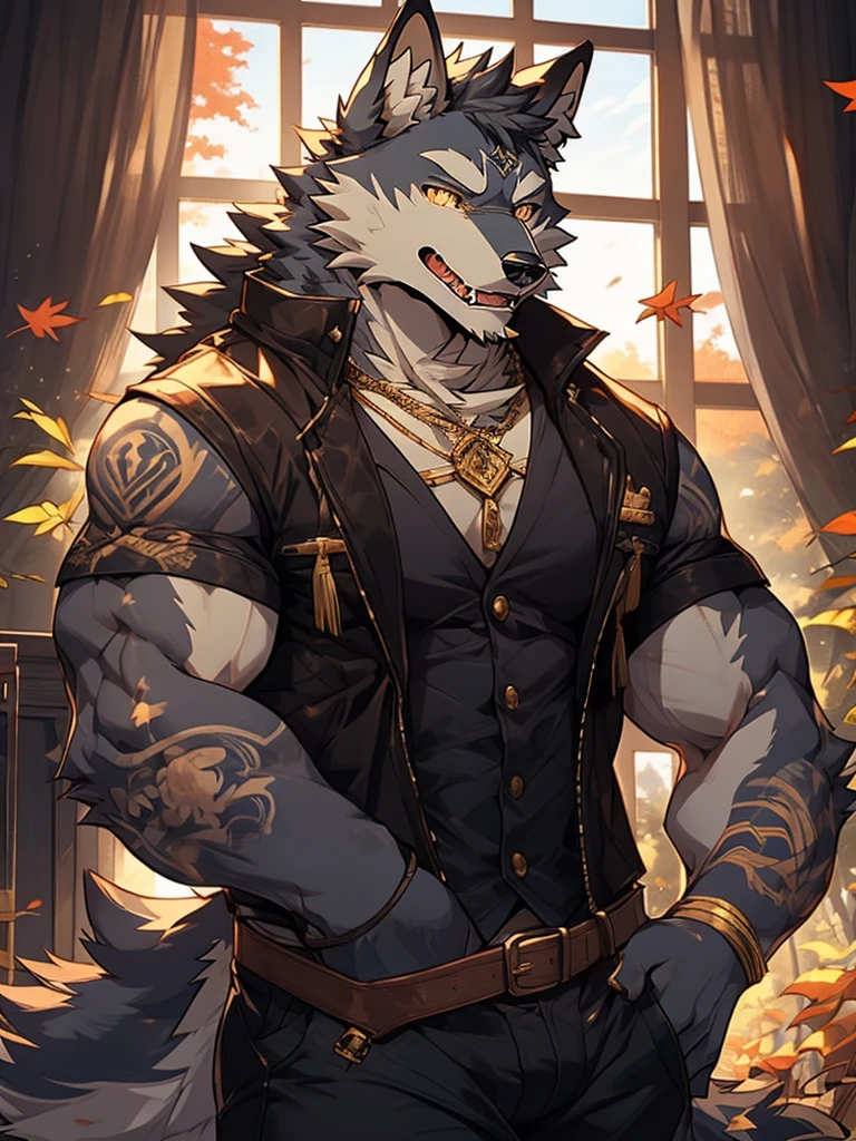 Wolf，Golden pupils，Sexy，Vest，gold tattoo，Clothes half open，slutty expression，fangs，autumn，thick thighs, huge penis，Background outdoor dusk