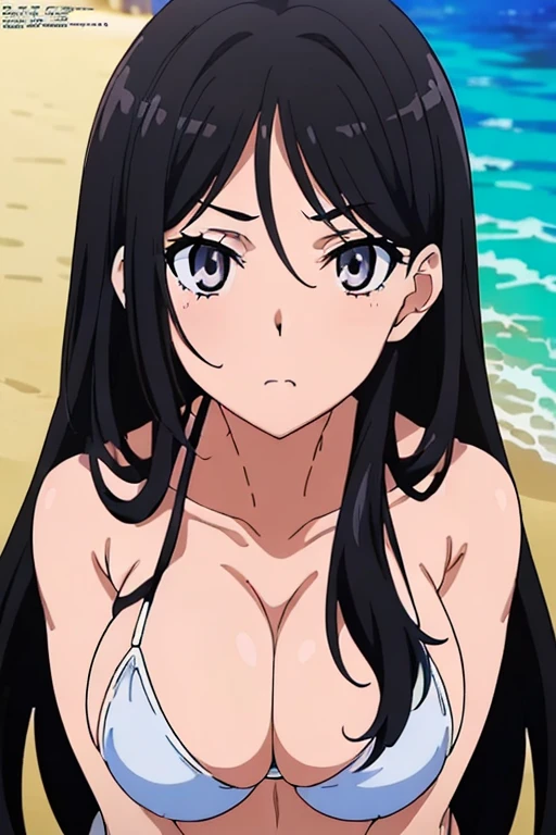 ((masutepiece, Best Quality, High resolution, anime screen cap, anime colours, megami magazine:1.2, anime poster style, anime keyvisual, sharp, 8k, photorealistic), (beautiful eyes:1.5), Blowmailing, 1girl in, Cute, blush, (Long Black Hair:1.5), 14years, (Oversized large sagging breasts:1.5), cleavage, ((White Micro Bikini:1.5, Thin fabric)), Navel Ejection, Arms Down, Upper body, beach side, ((Perfect Anatomy, beautifull detailed face, Beautiful detailed eyes, beautiful detailed hair, Beautiful detailed body)), thick outline, Beautiful outlines, black outlines