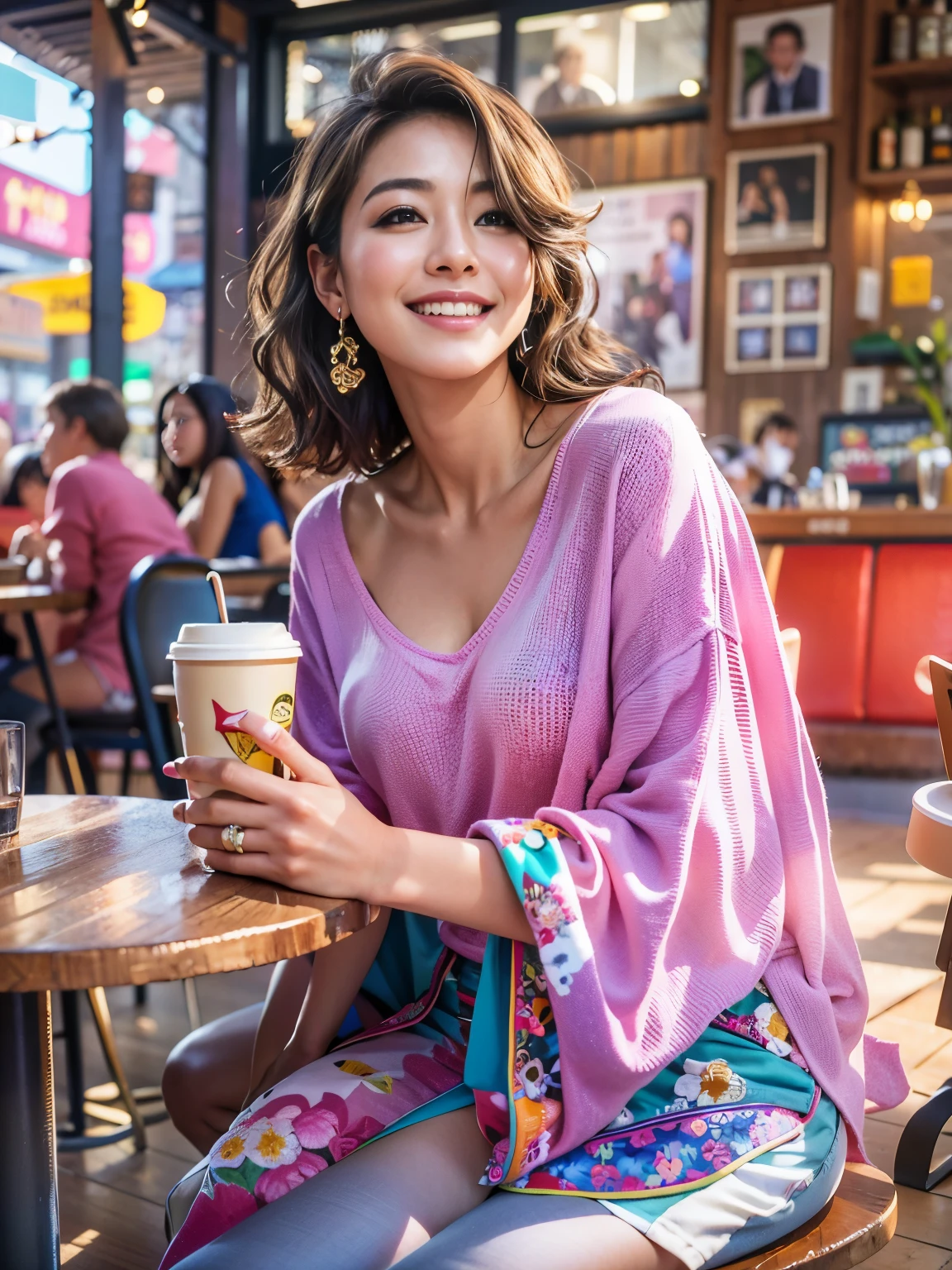masterpiece、highest quality、Awards、Photorealistic、Extremely realistic details、Woman relaxing in a coffee shop、Smile、Observe the audience、fashionable、Wear brightly colored clothing、Coffee shop in the background