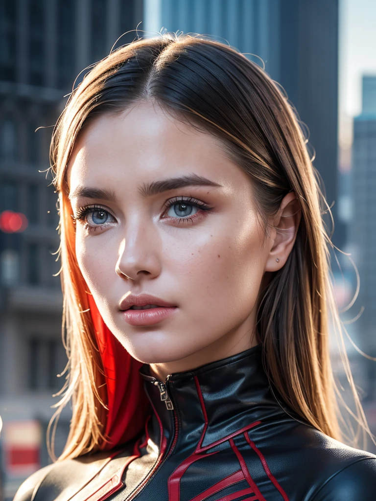 (1girl:1.3), Solo, (((Very detailed face)))), ((Very detailed eyes and face)))), Beautiful detail eyes, Body parts__, Official art, Unified 8k wallpaper, Super detailed, beautiful and beautiful, beautiful, masterpiece, best quality, original, masterpiece, super fine photo, best quality, super high resolution, realistic realism, sunlight, full body portrait, amazing beauty, dynamic pose, delicate face, vibrant eyes, (from the front), She wears Spider-Man suit, red and black color scheme, spider, very detailed city roof background, rooftop, overlooking the city, detailed face, detailed complex busy background, messy, gorgeous, milky white, highly detailed skin, realistic skin details, visible pores, clear focus, volumetric fog, 8k uhd, DSLR, high quality, film grain, fair skin, photo realism, lomography, futuristic dystopian megalopolis, translucent