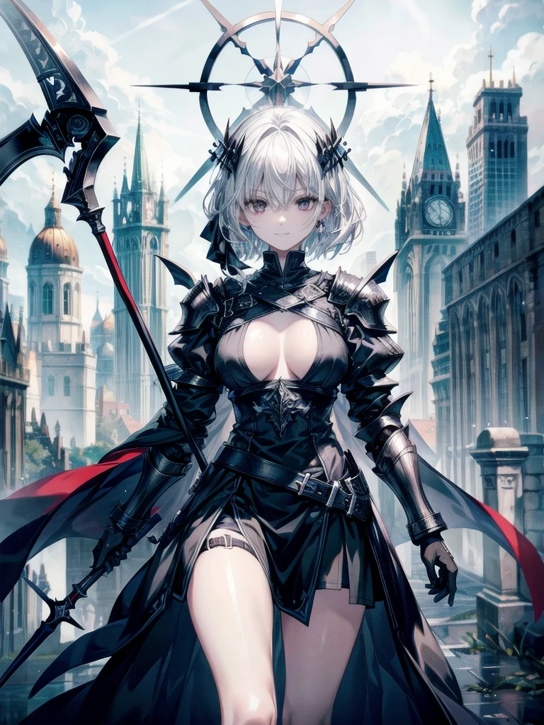 one-eyed, holy paladin, scythe, dark Heavy armor, absurdres, RAW photo, extremely delicate and beautiful, masterpiece, Best Quality, ultra high resolution, 32k, hyperrealistic, ultra-detailed, detailed description, pale skin, 20 years old, tearful mole, earring, Colossal tits, short medium hair, wavy hair, evil grin, whole body shot,