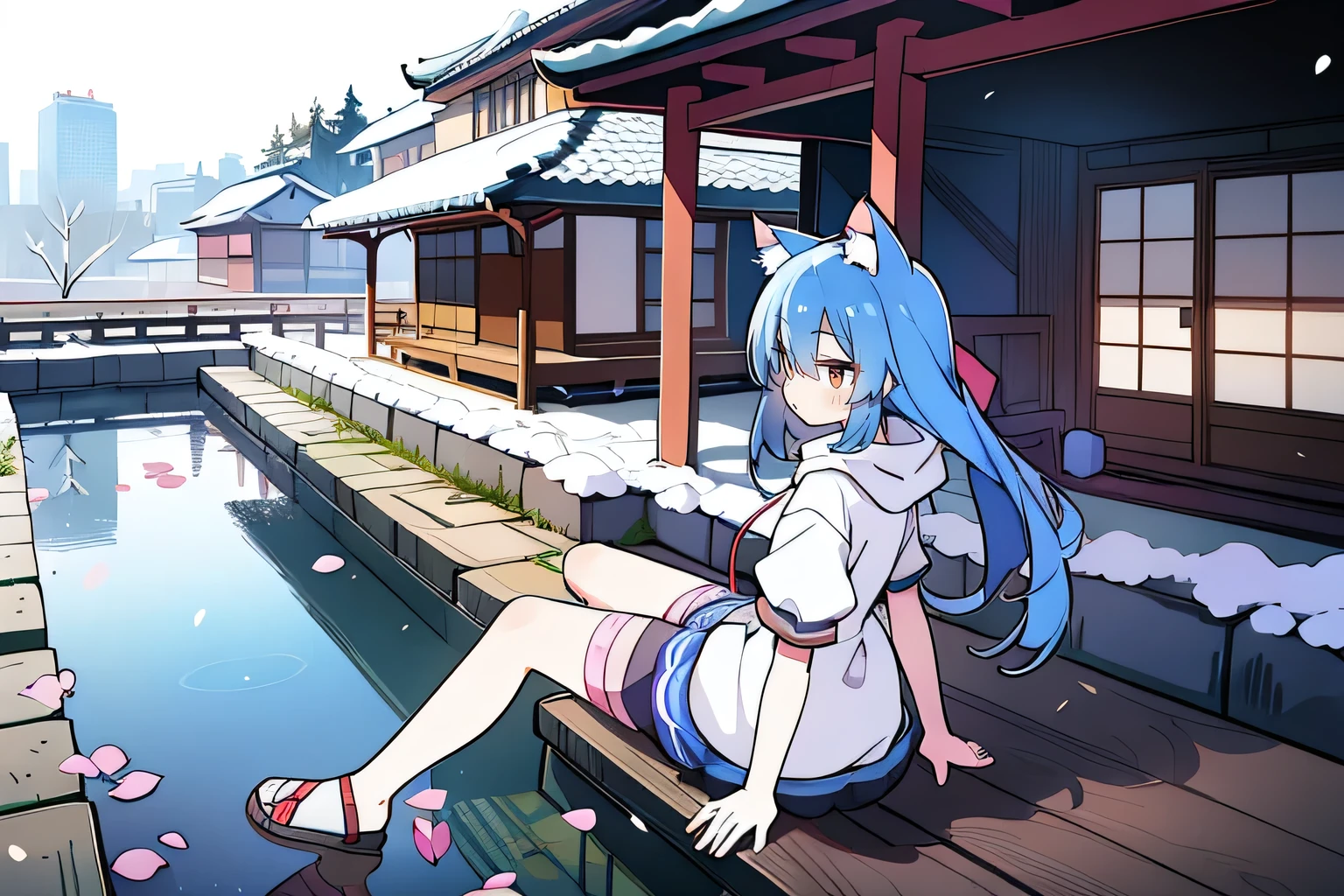 (masterpiece:1.2),Super detailed,lifelike,Expressive eyes,fair skin,perfect face shape,1 girl,
Japanese comics,Gorgeous blue hair,flowing blue hair,flowing clothes,Cat ears,Petals fall,beautiful lola,Baby Angel,
Cross your legs,Gentle and peaceful background,The pavilion is cool and comfortable,smile, wearing hoodie, background of tokyo,back views,snowing, winter.