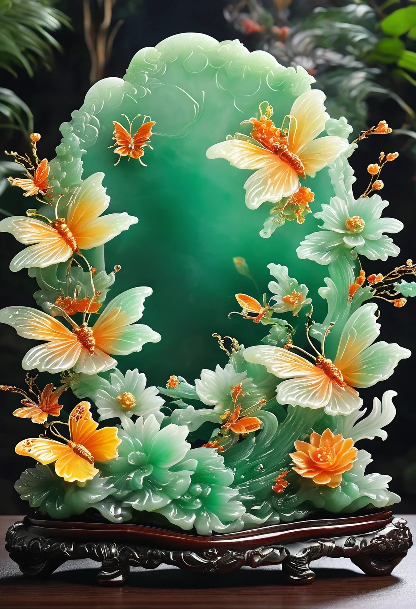 best quality, very good, 16K, ridiculous, Extremely detailed, Gorgeous butterflies,flower,Made of translucent jadeite, Background volcano((A masterpiece full of fantasy elements))), ((best quality)), ((Intricate details))(8k)