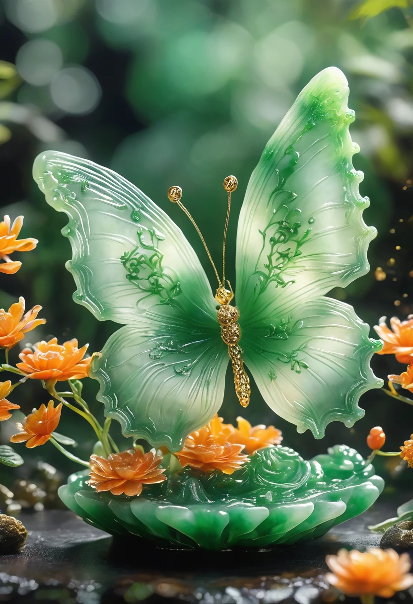 best quality, very good, 16K, ridiculous, Extremely detailed, Gorgeous butterflies,flower,Made of translucent jadeite, Background volcano((A masterpiece full of fantasy elements))), ((best quality)), ((Intricate details))(8k)