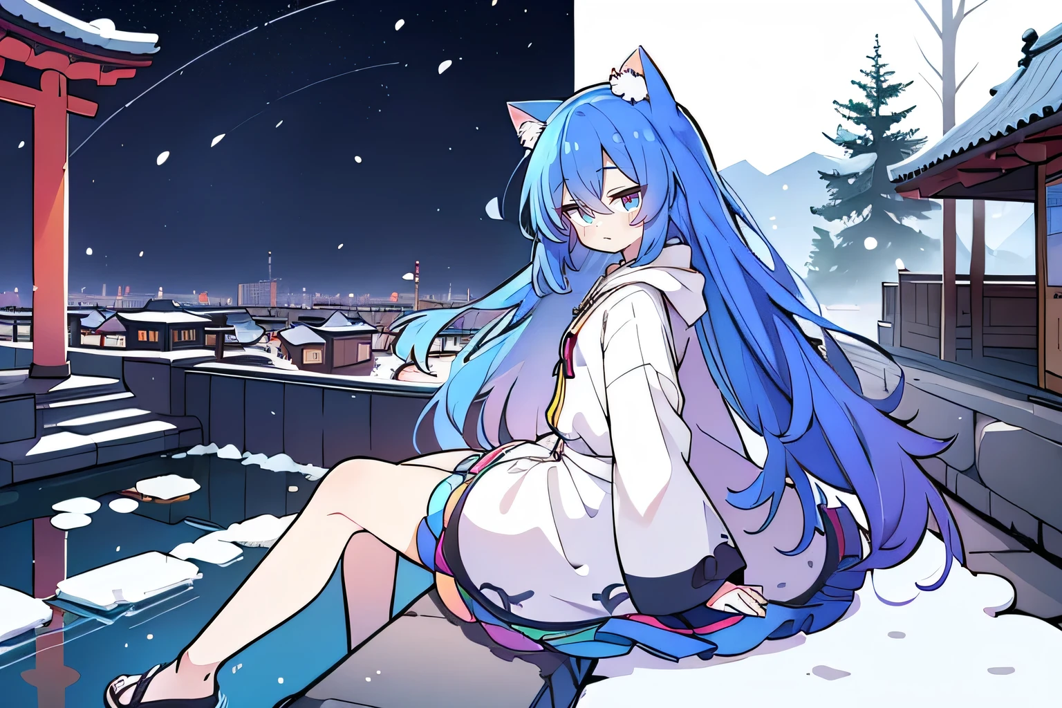 （masterpiece：1.2），Super detailed，lifelike，Expressive eyes，fair skin，perfect face shape，1 girl，
Japanese comics,Gorgeous blue hair,flowing blue hair,flowing clothes,Cat ears,Petals fall,beautiful lola,Baby Angel,
Cross your legs，Gentle and peaceful background，The pavilion is cool and comfortable,smile, wearing hoodie, background of tokyo,back views,snowing, winter.