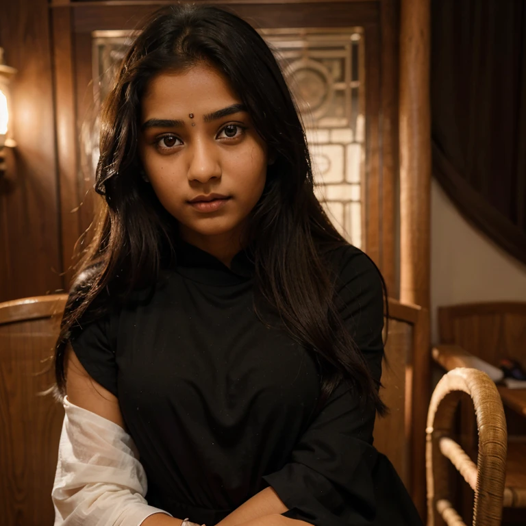 An 18-year-old indian girl is staring at me, her magical eyes have magic, her eyes are drawn, her eyes are trying to tell a secret, her eyes are bright, the girl is wearing traditional dress with full sleeve ,bangles om hand,Crossy eyes,long hair,full body,black dress