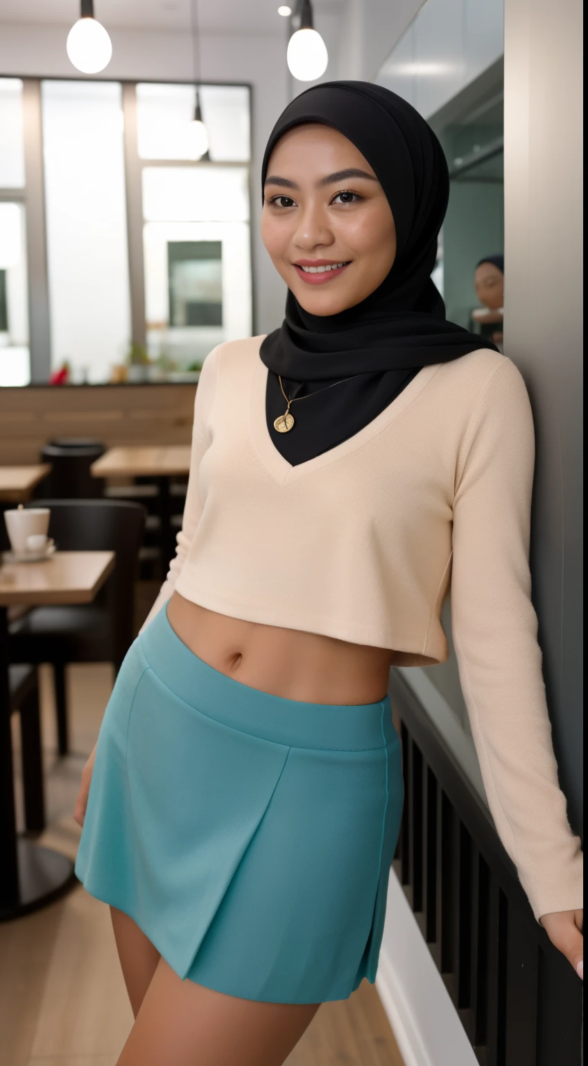 Malay girl with hijab Standing With Toes Pointed in hipster cafe, happy, smiling, nighttime, wearing turquoise small tight tops and pleated short skirt, white sneakers, professional lighting, blur background, cool ambient, bokeh, slim abs, small breast, small waist, small head, short body, wide hips, thick thighs, long leg, thick leg, sexy pose, bright lighting, mole below eyes, skin spots, acnes, skin blemishes, age spot, detail skin texture, skin detail, skin wrinkle detail, dark brown skin, gold necklace,