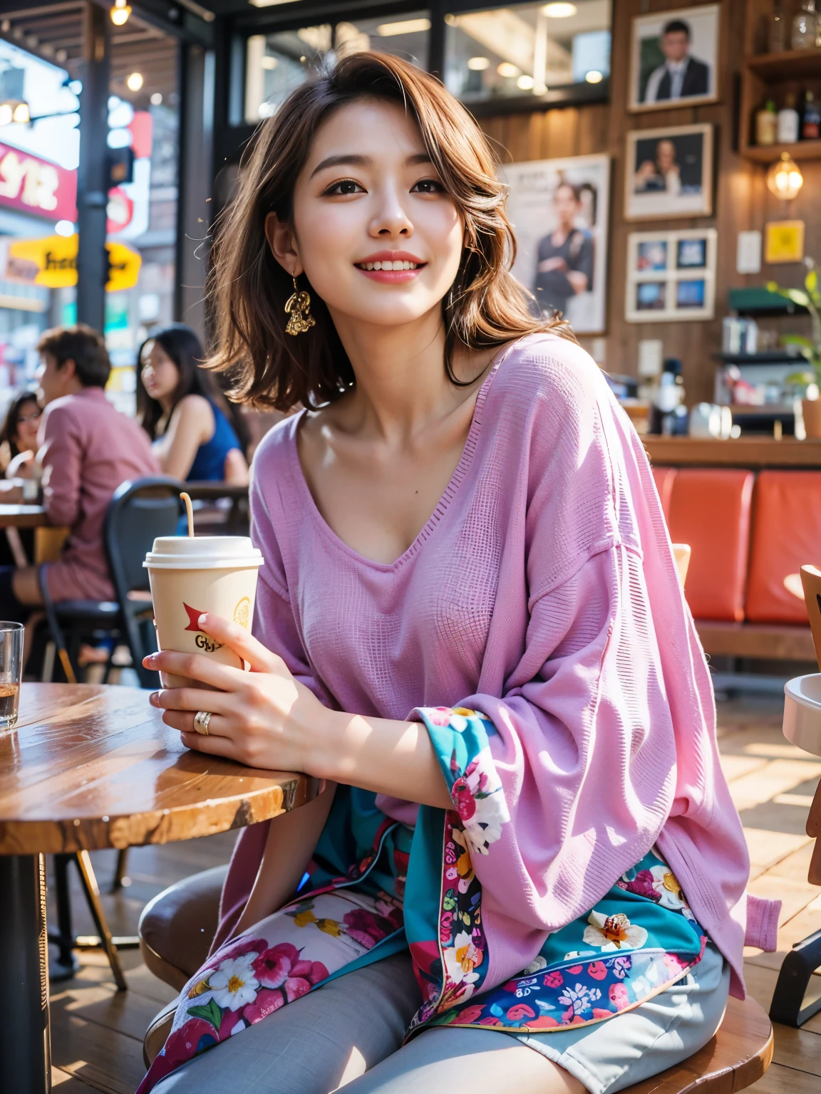 masterpiece、highest quality、Awards、Photorealistic、Extremely realistic details、Woman relaxing in a coffee shop、Smile、Observe the audience、fashionable、Wear brightly colored clothing、Coffee shop in the background