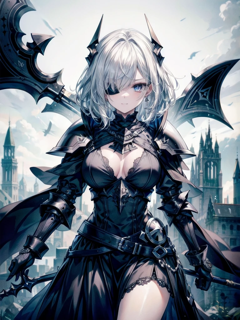 ((one-eyed)), holy paladin, scythe, dark Heavy armor, absurdres, RAW photo, extremely delicate and beautiful, masterpiece, Best Quality, ultra high resolution, 32k, hyperrealistic, ultra-detailed, detailed description, pale skin, 20 years old, tearful mole, earring, Colossal tits, short medium hair, wavy hair, evil grin, whole body shot,