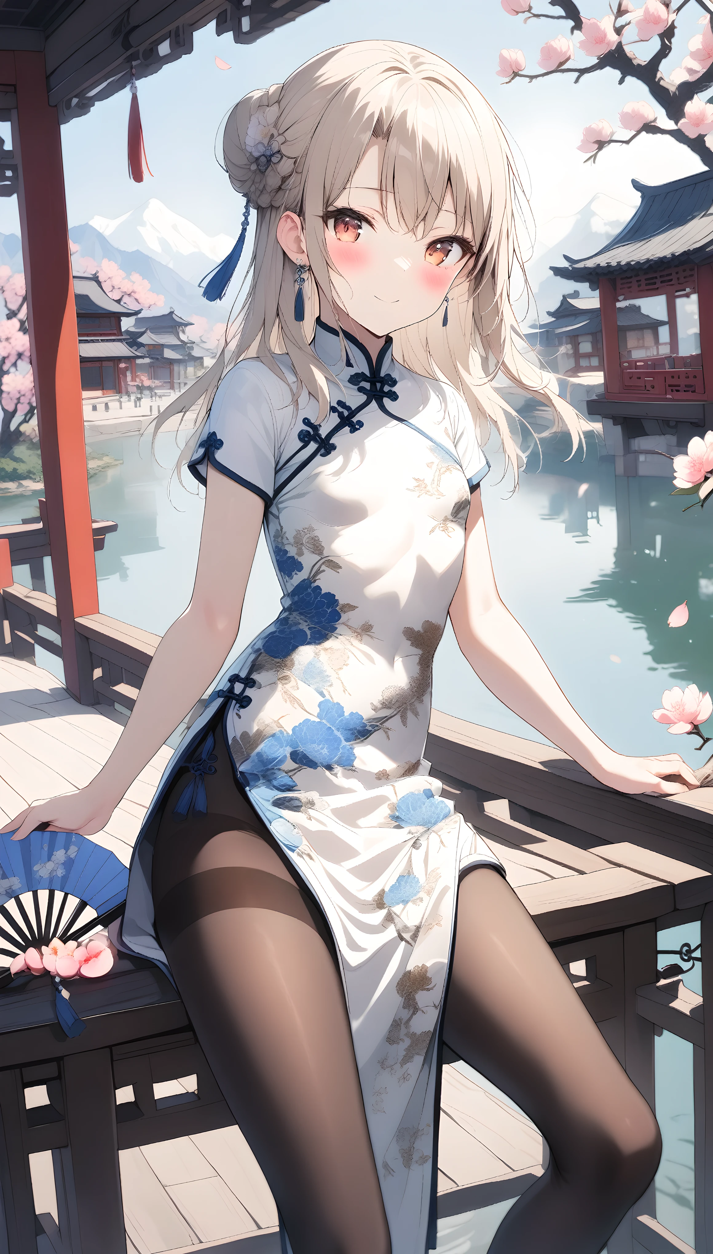 1girl,(illyasviel von einzbern),red_eyes,cream hair,(french braid),smile,blush,flower,beautiful detailed_background,small breasts,butterfly,((blue and white porcelain gorgeous qipao,china dress,chinese clothes,dress),gold trim,floral print,folding fan,jewelry,earrings,explicit,flower,general, hair_ornament,peach blossom,long_hair,looking_at_viewer,pantyhose,paper fan,print dress,solo,thighband pantyhose,questionable,sensitive,solo,tassel,tassel_earrings,(spring),Chinese style architecture, Chinese style, lake, ancient town, beautiful and meticulous water, (Fishing boat), pavilion,steam,Surrounding by falling peach blossoms petals,