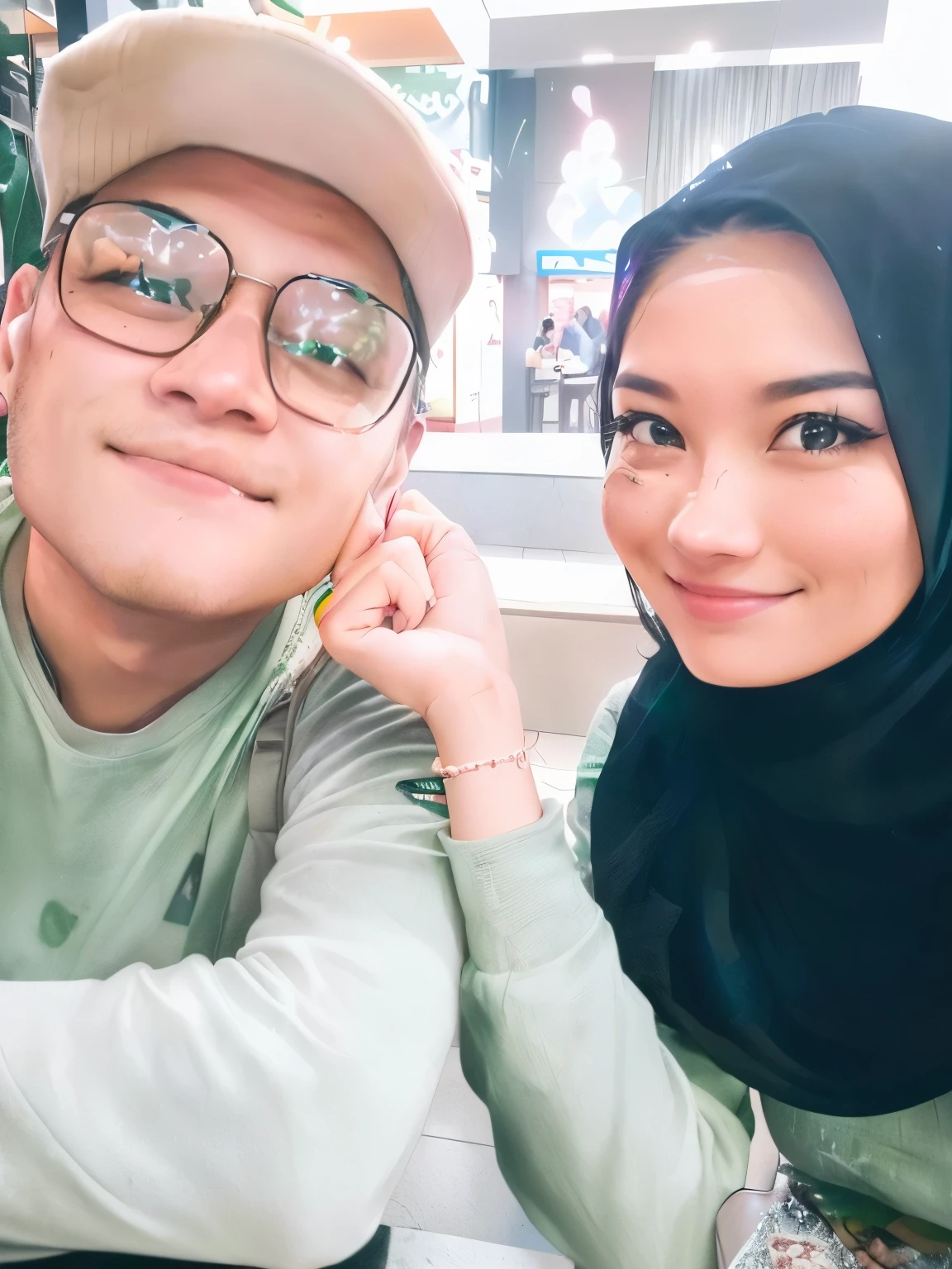 there are two people sitting at a table with a pizza, happy couple, 😭🤮 💔, in a mall, at a mall, shot on nikon z9, instagram post, with her long, taken on go pro hero8, shot with iphone 1 0, couple, lovely couple, 😭 🤮 💕 🎀, in love selfie