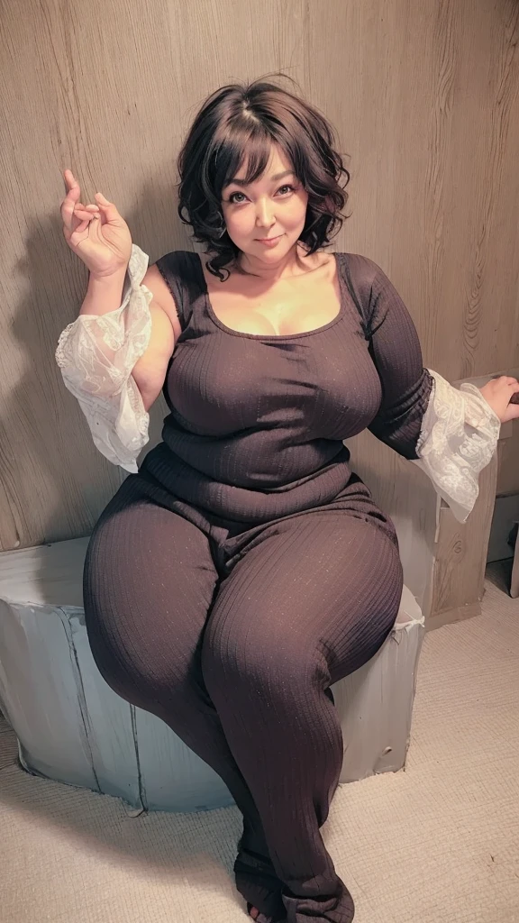 ((highest quality)), ((masterpiece)), (Familiar), Perfect Face, Mature Woman, 65 years old, Japanese, (Voluptuous), Big Breasts, Large areola, Erect nipples, Round and small face, Big Nose, length, Narrow eyes, Cat-like eyes, , Big Ass, Full body image, Tank top, thin fabric hot pants,good, Wavy short hair,