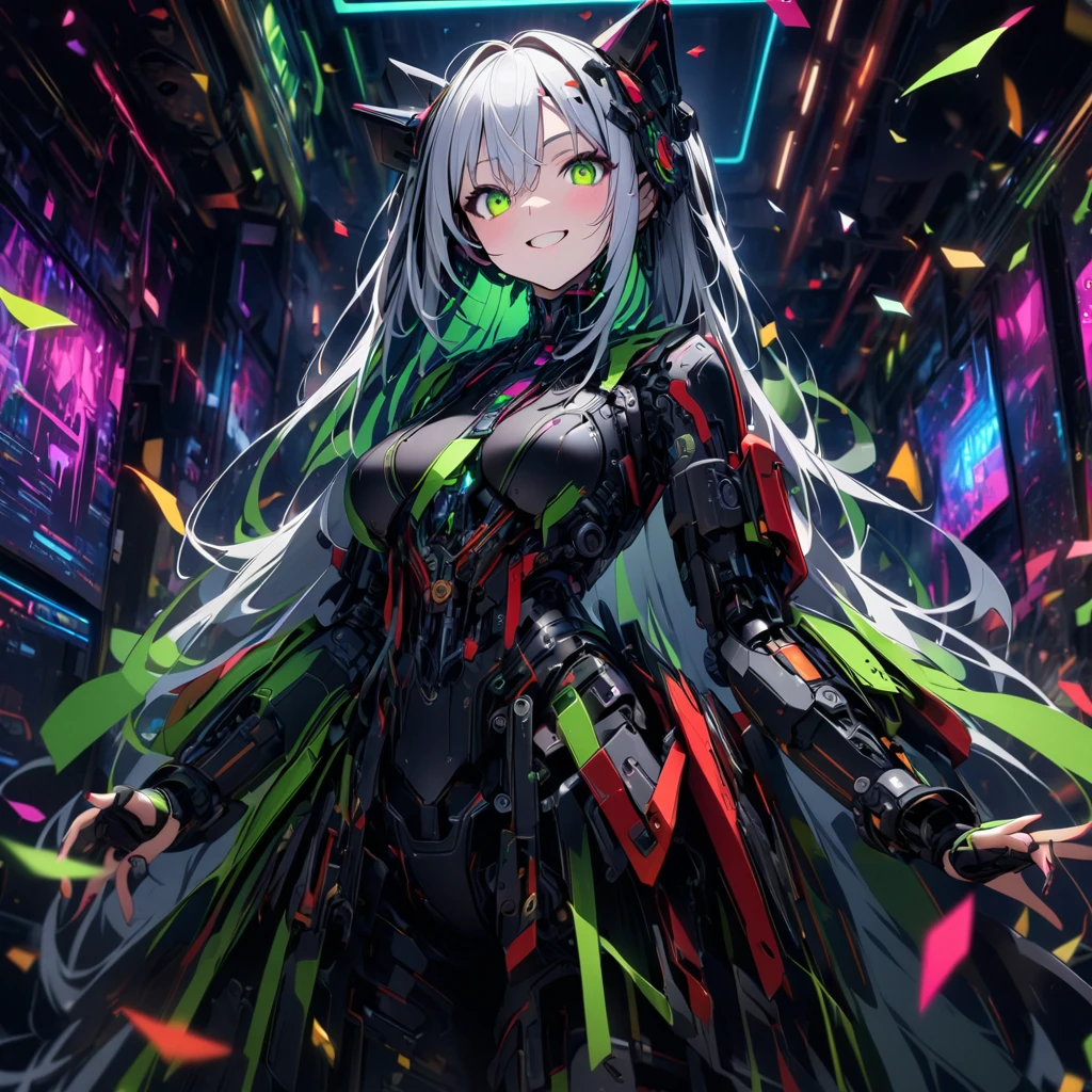 High quality, high definition images, full HD、
8k.1 girl( white long hair),ai cyborg girl 、(white and black exterior , many mechanisms are visible,Many green lights on the exterior
In a modern A bar with a cyber atmosphere,with both hands I have crackers for the party 
Crackers, lots of colorful confetti,Smiling and looking at the camera,