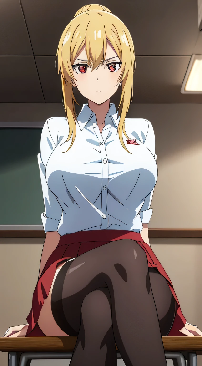 best quality, high resolution, 8K, anime art style, beautiful detailed eyes, extremely detailed face, soft expression, stylish pose, Angelica V4,1girl,solo,red eyes, (collared shirt, white shirt, miniskirt, panties,classroom, cowboy shot), looking at the audience, in the center of the image, beautiful large medium-sized breasts, beautiful face, slim waist, appealing, soft lighting,Crossing your legs, Sitting,tights