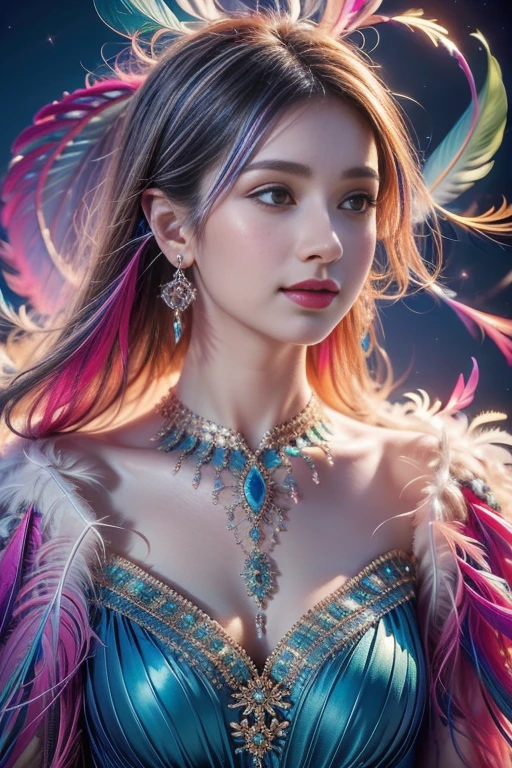 1 older sister (feather earrings: 1.2), (masterpiece, quality, best quality official art Beautiful and beautiful: 1.2) Very detailed nipples. (Fractal Art: 1.1) (Colorful: 1.1) Feather Background, Half Body Photography