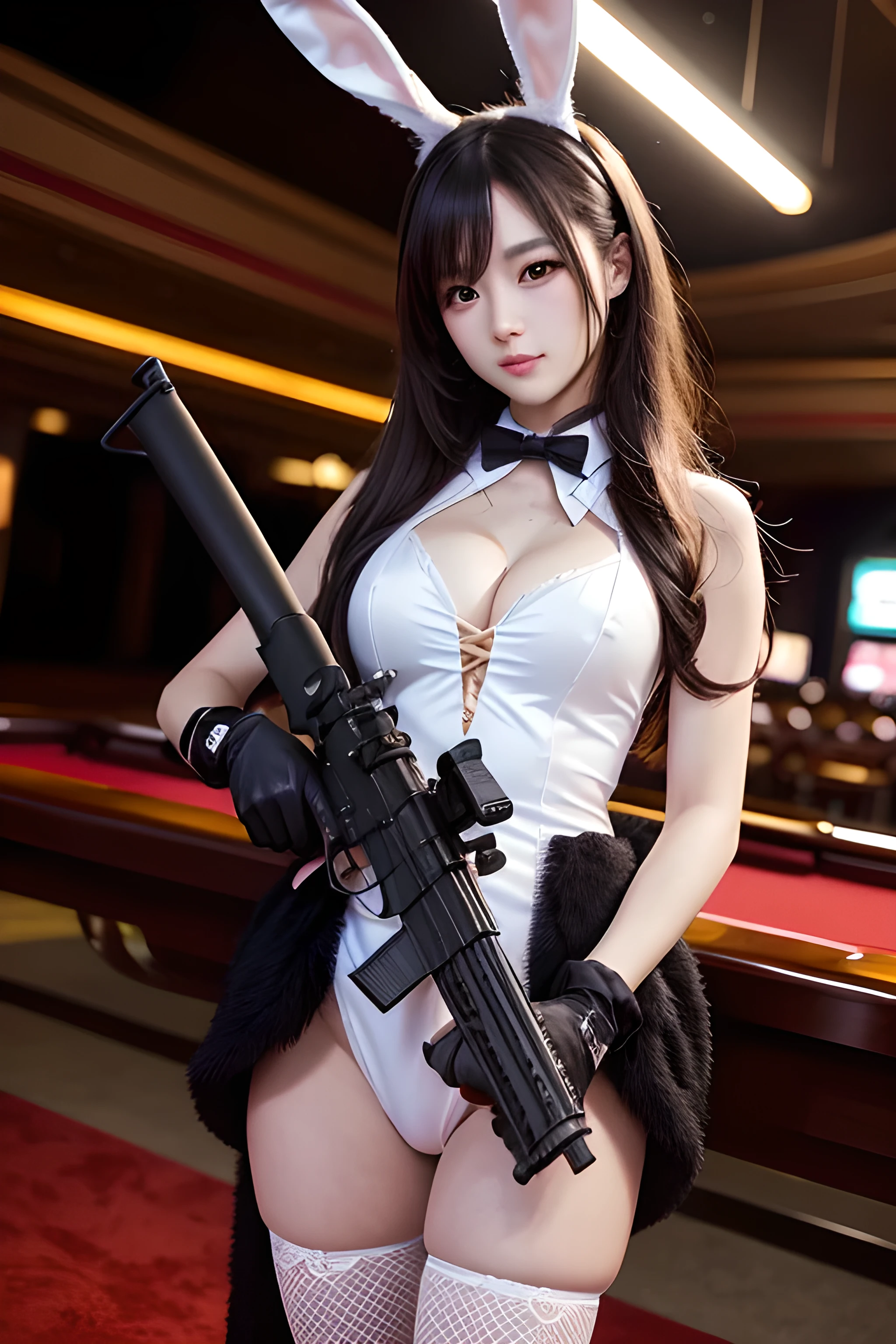 highest quality, RAW Photos, Realistic photos, Rifle in right hand, Shooting pose with a rifle, Beautiful woman in a bunny girl costume, Detailed and beautiful skin, Staring at the target, A dark casino where your subjects stand out, Wide-angle shot, Dynamic Perspective, 