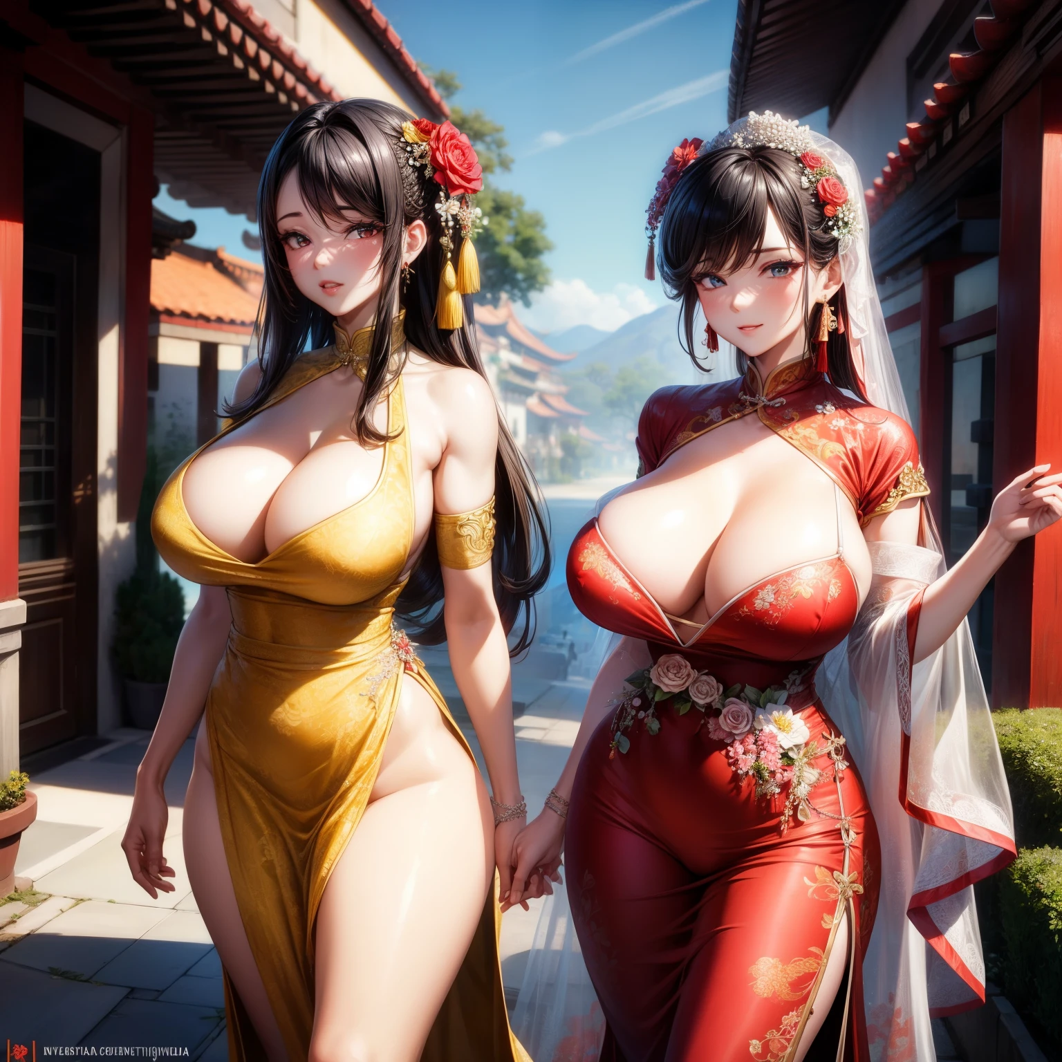 (8k ,Super detailed,Hyper-photorealism,The best masterpiece,Nature,Perfect work of art,Perfect female body),Two cute busty girls ,(large tities),Antique Flower Wedding,Antique Flower Wedding,Chinese red wedding dress,Phoenix Guanxia,Fashionable Hairstyle,Elegant and sexy bride,On a quaint street,Wear a sexy retro red wedding dress,Built-in thong,Large cleavage,,Stretch the meat,Sexy bulge,Exposure ,tit,full-body shot