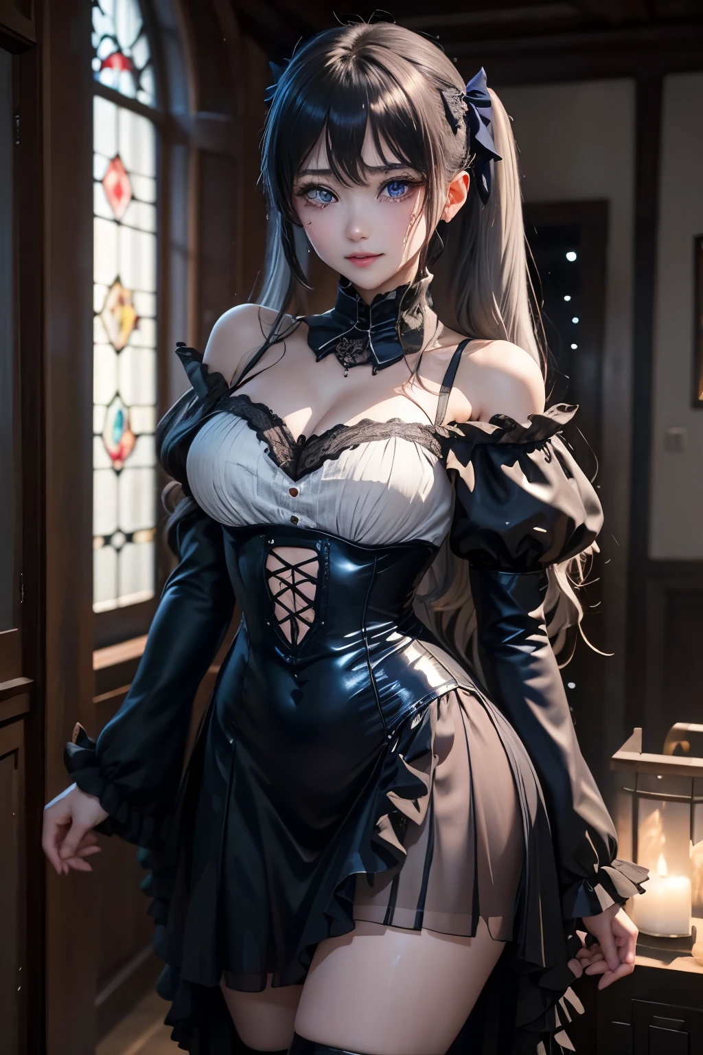 Hard Dark Gothic Makeup、Deep Night Sky、Horror、Black dark eyeshadow、cry、sad、Good skin radiance、Dark Gothicメイク、Dark smile、palace、The beauty of fragrance、24-years-old、Expressions of intense sexual pleasure、Embarrassed look、Dark Gothic、Obscene language、highest quality、Expression of sexual pleasure amid suffering、Drunk face、紫のMaid clotheysterious、Noble、The face of someone who is holding in the toilet、sexy、Loving smile、Twin tail hair、Right blue eye, Left eye is red、Super seductive pose、Platform Heel Shoes、Heavy makeup、Gothic ta Clothing、A little slimmer、Silver Hair、Long Hair Straight Hair、Cute Gothic Loliress、Beautiful Face、elegant features、Fascinating face、Stained glass is the background、Chest glistening with sweat、The room is dark、goth long dress、Bell Sleeves、Wizard Sleeve、Decadent look、Sexually excited expression、Gothic Mode、Glossy thighs wet with water、Thighs that are wet and shiny with oil、Background of a room full of roses、sad expression、Rose Maiden、The embroidery is pink、The dress has pink embroidery、Thigh-high socks、Knee-high socks、Gentle expression、Dark black eyeshadow、despicable act、Stained glass and rose background、thighs are a little thin、Female Duo、Female couple、A blue lightning bolt glows in her right hand.、Blue electromagnetic waves shine in my hands.、dark church background、Stained glass、Black metal world、Dark Castle、Dark Room、Slender body、upright、walk、Are standing、gothic long dresaid clothes、Victorian dresses、Her thighs glisten with sweat、My body is wet and shiny、Lots of glitter on the thighs、sweating、My thighs are sticky from sweating、Sweat glistens on the thighs, The whole body is sweaty and shiny、Quite sweaty、My thighs are sweaty、My thighs are so wet、My thighs are shining with sweat、A lot of sweat glistens all over the body、The thighs are the best、electric guitar、play the guitar、have a guitar、