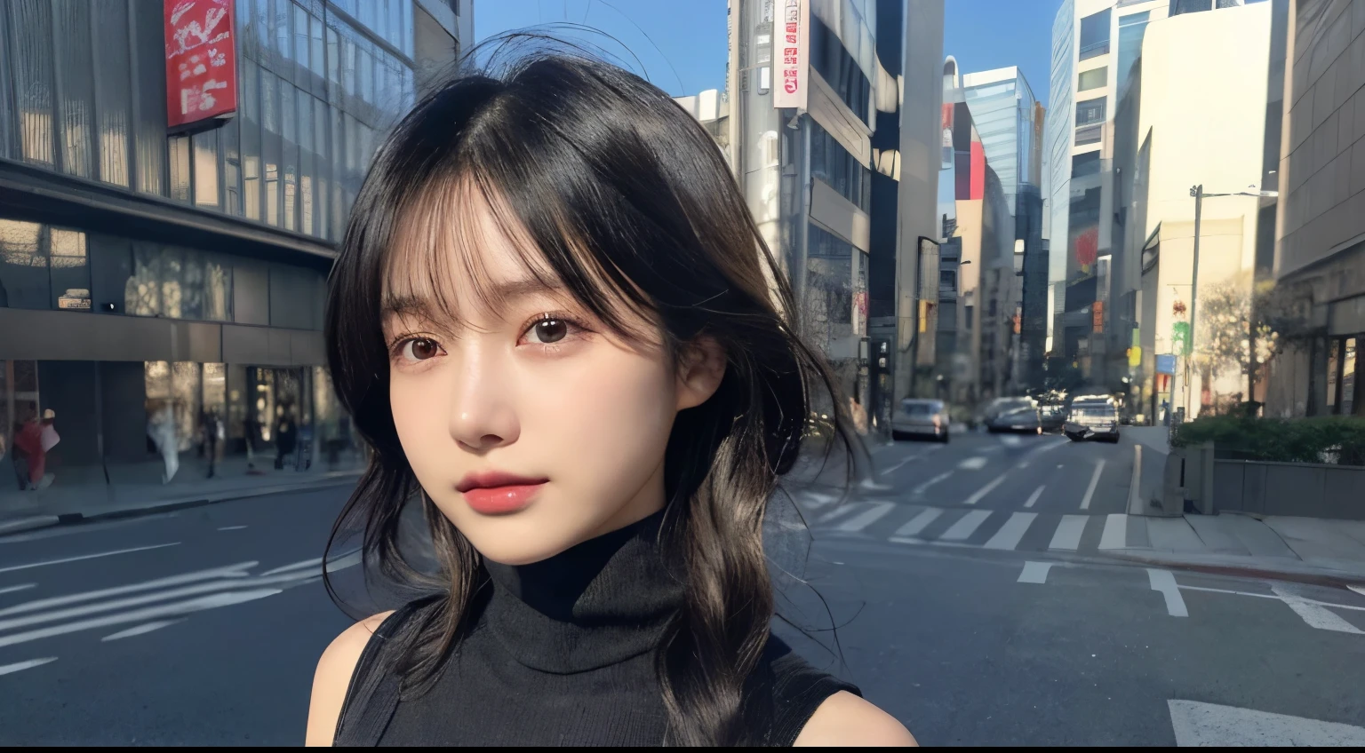 (huge 、Turtleneck knit、Shoulder bag)、(highest quality,masterpiece:1.3,超A high resolution,),(Ultra-detailed,Caustics),(Photorealistic:1.4,RAW shooting,)Ultra-Realistic Capture,Very detailed,High resolution 16K for human skin、 The skin texture is natural、、The skin looks healthy、The color is also uniform.、 Use natural light and color,One Woman,Japanese,,cute,Black-haired,Middle Hair,(Depth of written boundary、chromatic aberration、、Wide range of lighting、Natural Shading、)、(Hair swaying in the wind:1.2)、Tokyo cityscape