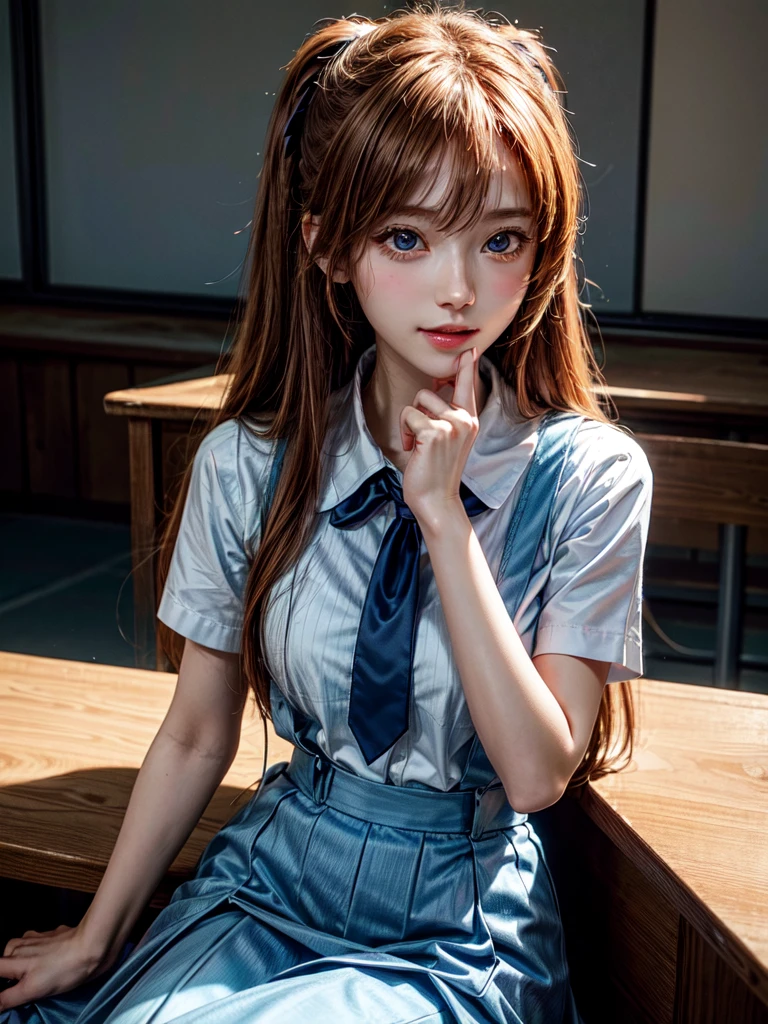 (8k, highest quality, Pieces fly:1.2)、Ultra-high resolution、anime,1 very pretty girl,Asuka Langley,Highly detailed face, Fine grain,blue eyes,,White sailor collar plain short sleeve shirt,Light blue skirt,Light Blue Suspenders,uniform_Red ribbon,Orange Hair,Long Hair、Detailed hand and fingers,put your hands in your hair,Grin、sitting on desk,Shooting from the sky,classroom