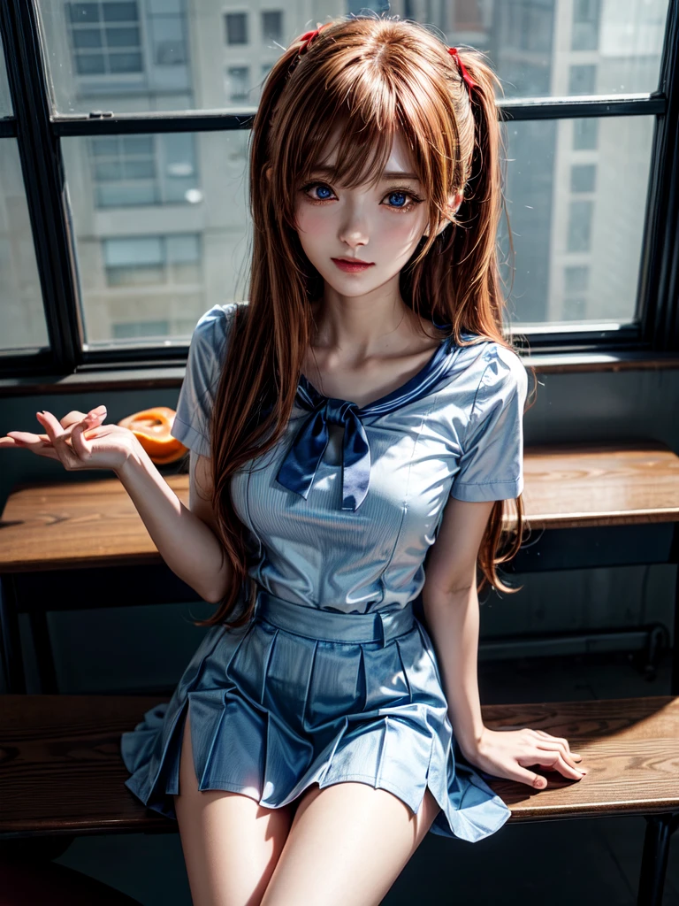 (8k, highest quality, Pieces fly:1.2)、Ultra-high resolution、anime,1 very pretty girl,Asuka Langley,Highly detailed face, Fine grain,blue eyes,,White sailor collar plain short sleeve shirt,Light blue skirt,Light Blue Suspenders,uniform_Red ribbon,Orange Hair,Long Hair、Detailed hand and fingers,put your hands in your hair,Grin、sitting on desk,Shooting from the sky,classroom