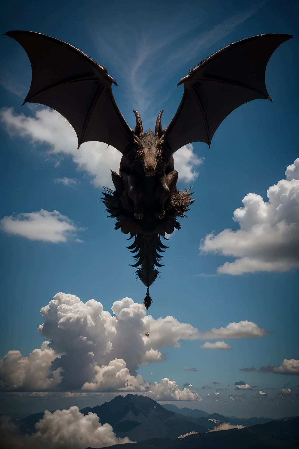 image must depict a scene in the sky, where a majestic dragon flies prominently. Next to the dragon, gostaria de incluir um lobo negro, representing strength and mystery, e uma raposa branca, symbolizing cunning and agility. The sky must be painted with deep blue tones, and I would like the clouds to form intriguing patterns around the characters. Por favor, ensure animal details are sharp and realistic, and that the composition conveys a sense of wonder and adventure.