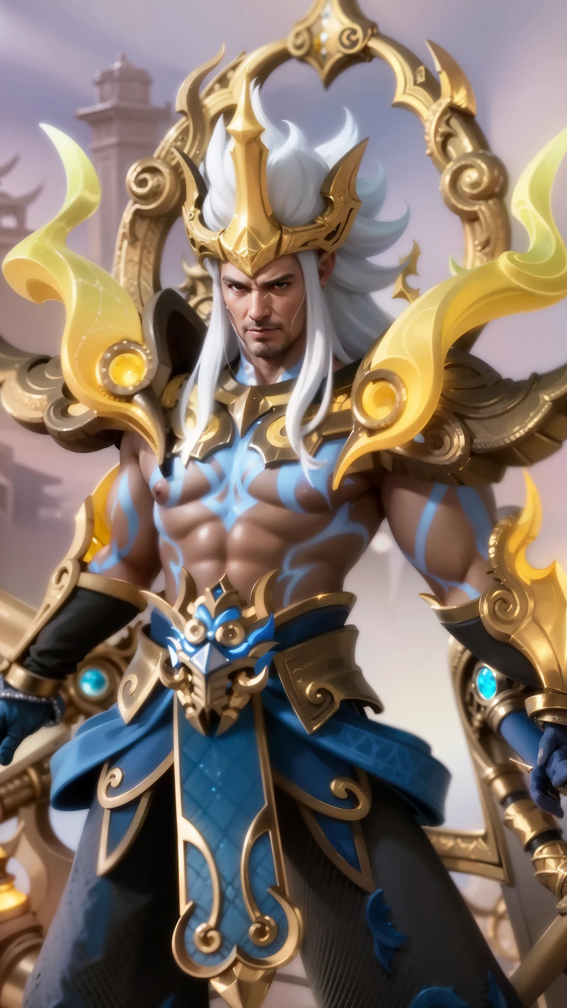 a close up of a guy holding a sword in a sky, Masterpiece, ultra HD, detailed all picture, a close up of a devil, dyrroth from mobile legend, evil, extremely detailed artgerm, mobile legends character, inspired by Dyrroth, Six pack chest and abs, black jewel above the chest, light yellow eyes.