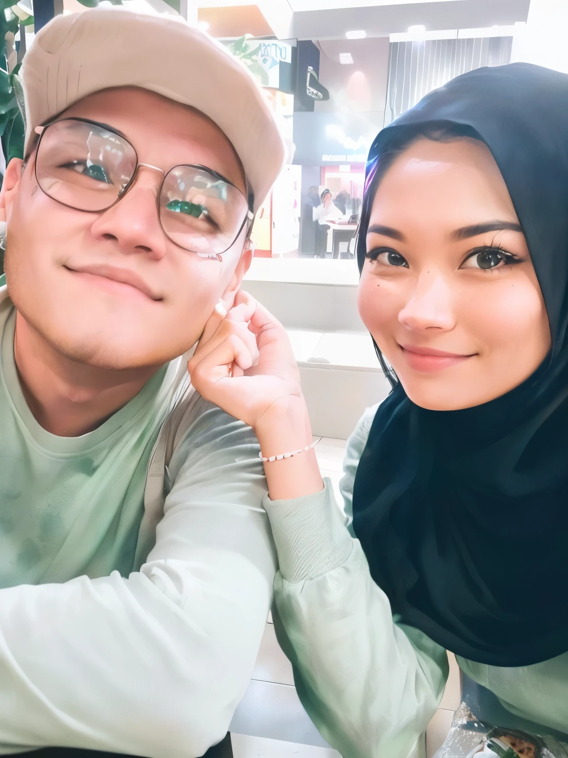 there are two people sitting at a table with a pizza, happy couple, 😭🤮 💔, in a mall, at a mall, shot on nikon z9, instagram post, with her long, taken on go pro hero8, shot with iphone 1 0, couple, lovely couple, 😭 🤮 💕 🎀, in love selfie