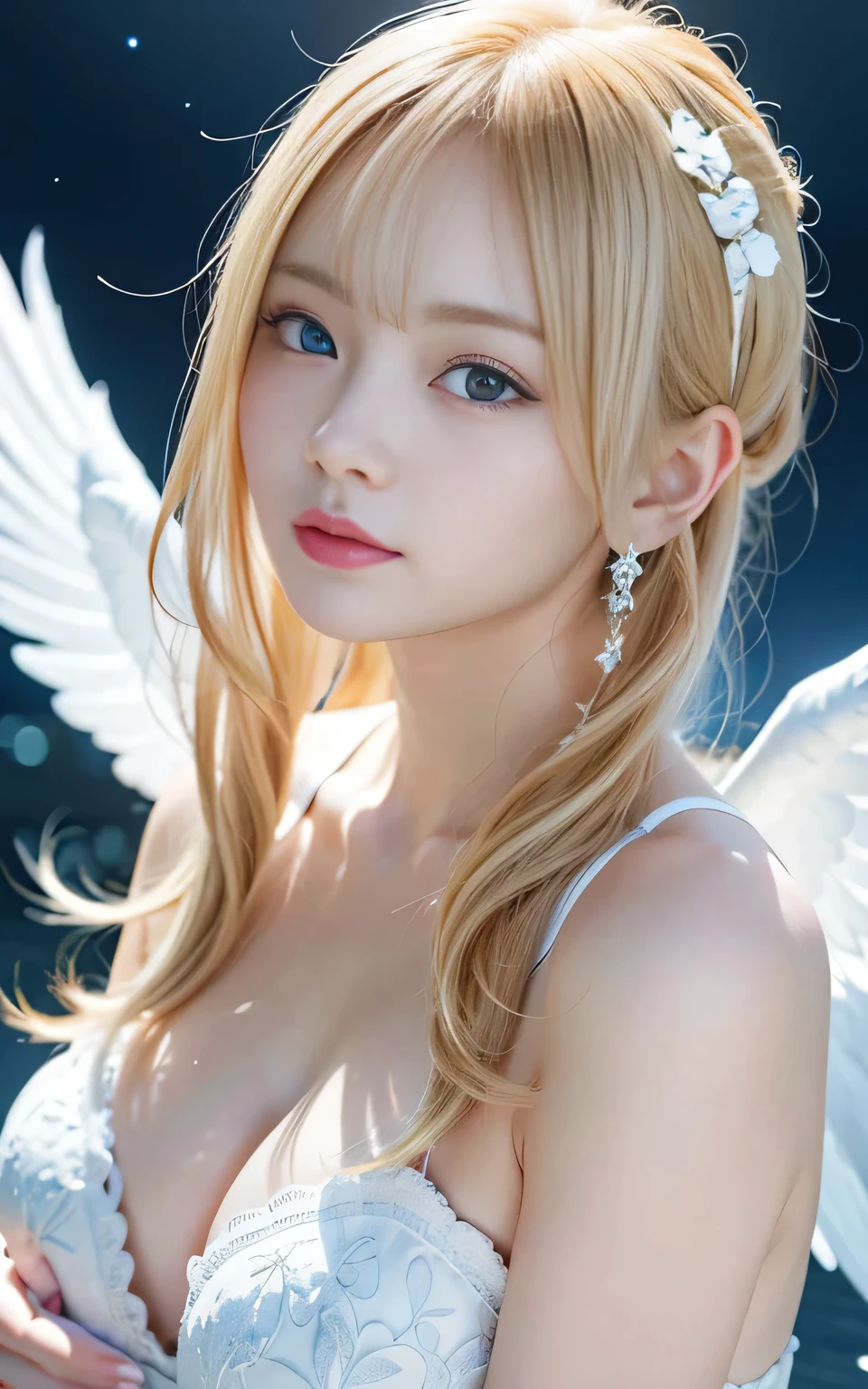 (8K quality、High resolution、Ultra-detailed、最high quality、masterpiece、high quality、Perfect dynamic composition,Gravure photo、Realistic:1.3)、Perfect lighting、One Angel Woman、Detailed face、Detailed skin、Detailed eyes、Beautiful Face、（Seductively Posing、Otherworldly fantasy:1.3)、Background Heaven、Angel、Blonde、Beautiful large white feathers、blue eyes、