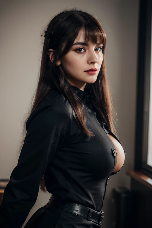 (a detailed portrait RAW photo of a gorgeous beautiful ((German)) , realistic, solo, side view, POV, looking in camera, intense stare, (masterpiece),(photorealistic:1.3), nfsw, ultra-detailed, (high detailed skin:1.2),(best quality:1.0), (ultra highres:1.0), fit, back light, slim, beautiful, Wearing military uniform shirt, german ww2 uniform, hugo boss, black pencil skirt, red and black uniform, officer's uniform, long hair, messy hair, 2 strands of hair tendrils, bangs, Captured from a front view angle, The scene set in a warzone. Best quality, 4k, Masterpiece :1.3), pretty woman, 1girl, ( large breasts, cleavage attractive body :1.2), abs :1.1, blonde hair: 1.1, makeup, black eyeshadow, black eyeliner, black mascara, red blush, ultra-detailed face, detailed lips, mouth closed, red lipstick, detailed eyes, blue eyes, double eyelid, button gap, evil smile, luger pistol
