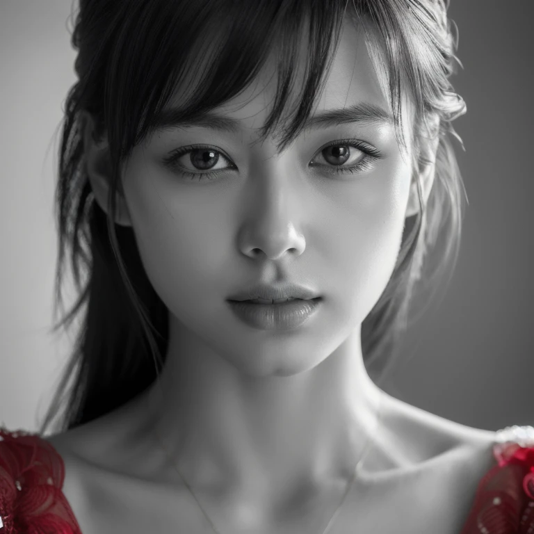 Masterpiece, Best Quality, Photorealsitic, Ultra-detailed, finely detail, high resolution, 8k wallpaper, Professional, high level of detail, ((monochrome photo)), 1girl in, ((Facing the front)), ((Only lips are in Red)), Detailed clavicle, face perfect, straight hair, (look straight at a camera)