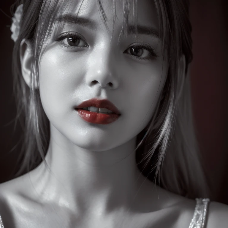Masterpiece, Best Quality, Photorealsitic, Ultra-detailed, finely detail, high resolution, 8k wallpaper, Professional, high level of detail, ((monochrome photo)), 1girl in, ((Facing the front)), ((Only lips are in Red)), Detailed clavicle, face perfect, straight hair, (look straight at a camera)