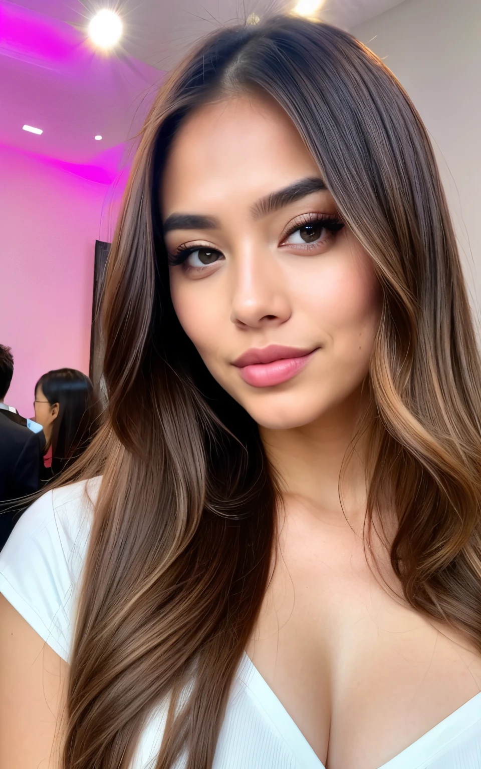 close up of an Instagram model, looking directly at the camera, with long caramel hair color and brown eyes , with very large lips, posing for the camera. She has smooth facial skin, with defined facial features such as full lips and well-defined cheekbones. The background is white, which brings out the details of her face. Her facial expression should be confident yet gentle, reflecting beauty and confidence in both her body language and makeup style. slightly plump face, large lips, very large lips, very realistic (realistic, photorealistic) very ultra-textured skin, very textured skin, hyper texture on the face, no hair on the face, large lips, small nose , very beautiful, with Kazakh roots. Shot in Nikon D850 style with Nikkor 24-70mm f/3.
