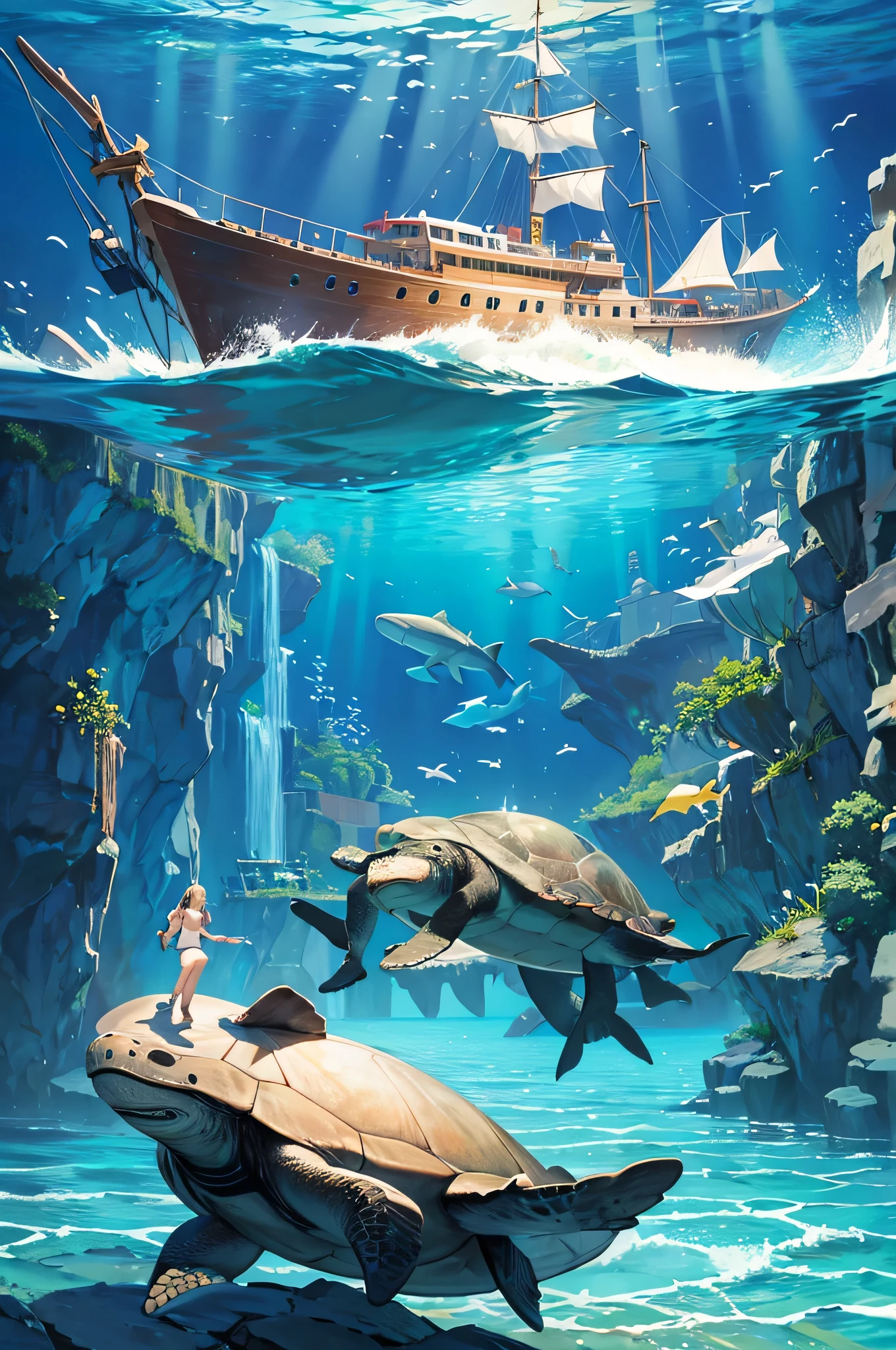 A sunken ship in the shape of a whale is on the ocean floor、A turtle is swimming、Beautiful sea