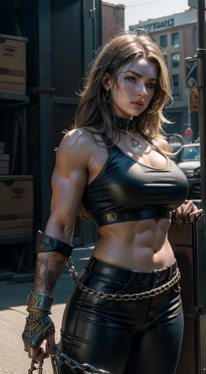 8k, realistic, vray, HDR, a girl holding a huge pit bull dog by the chain, extremely strong, robust, muscular, blue eyes, wide and strong paws