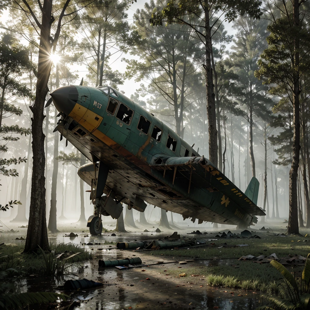 wreckage of a plane in a swamp shaded by tall trees, sunlight passing through a thin mist, debris of the plane everywhere, best quality, ultra realistic, accurate details