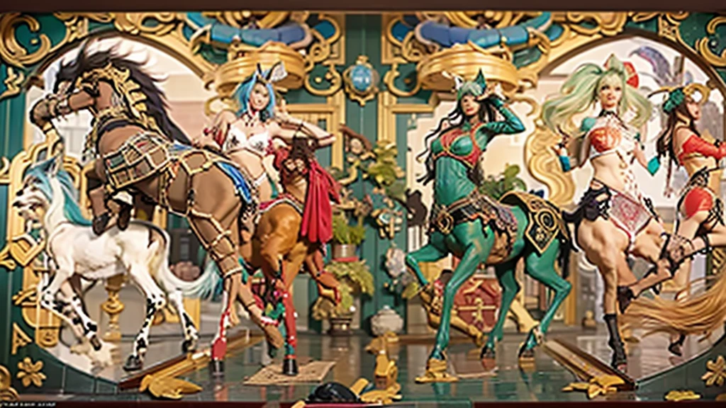 In the beautiful illustration of this super-grand scene,The ultra-distant lens shows us(More than eight distinctive Centaur characters:1.8),Their personality、Distinctive and vivid features。from(A radiant, angelic, snow-white centaur from heaven:1.2),arrive(Nightmare-like fiery red centaur surrounded by flames:1.2)、再arrive(Green Centaur, the wind fairy dancing in the air:1.2)、再arrive有(One-horned blue centaur surrounded by lightning:1.2),arrive(A mechanical-style mecha Centaur shining with metallic light:1.2)、再arrive(A powerful dragon-shaped centaur wearing colorful dragon scale leather:1.2)、再arrive(A slender elven centaur that is graceful and agile:1.2)Gracefully wears a flower crown、arrive(Enchanting and charming Tiflin centaurs:1.2)、再arrive(A succubus centaur with an indescribably sexy feeling:1.2)。Each Centaur character fully demonstrates his unique style。The illustration uses advanced artistic techniques and tools,Use nesting、Weaving、Splicing、perspective、interlude、Montage and other artistic techniques,Divide the scene into sections by geometric arrangement,Each part corresponds to a role,from而更有效地利用了空间,Make eight centaurs exist in one picture at the same time。Through Midjourney's advanced brush tools、Color palette、Material packs和模型包、Texture tools,For each centaur, beautiful props are designed to increase racial characteristics、Clothing and physical features,Enhances the character's personality and visual appeal,The scenery in the illustrations is stunning,There are changing skies、rainbow、aurora、Stars and Moon。Incorporating iconic landmarks such as Mount Everest,and fireworks、Tranquil Lake、Natural and urban elements of waves and neon lights,Creates a magical atmosphere,Centaurs demonstrate their unique abilities and equipment in a variety of environments,This is true even in extreme alien landscapes。Use Midjourney's tools、Material packs、Texture tools、The color palette makes depicting details vivid and realistic,from复杂的发型和以及不同的种族特质、Body、Appearance features、服装arrive真实的纹理,Greatly improved the realism of the Centaurs and their surroundings,The fusion of multiple art styles adds dynamism to the character's movement at all angles,The overall visual experience is further enriched。The final illustration was described as a "masterpiece",It has the characteristics of "best quality" and "realistic",The details put into the creative process are shown、Level of creativity and craftsmanship。 hdr,(Reality,Masterpiece quality,Best quality)