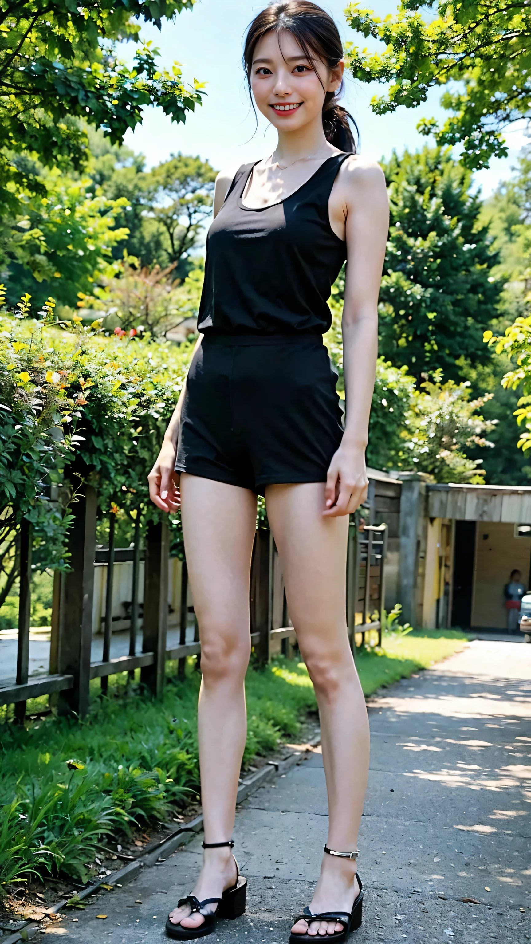 (8k、RAW Photos、highest quality、masterpiece:1.2)、(Realistic、Realistic)、1 girl、((smile、Shorts、Black tank top、Large Breasts、View from the front、garden、ponytail、Sandals、Are standing))、Lots of eyelashes、Glowing eyelids、skeletally correct