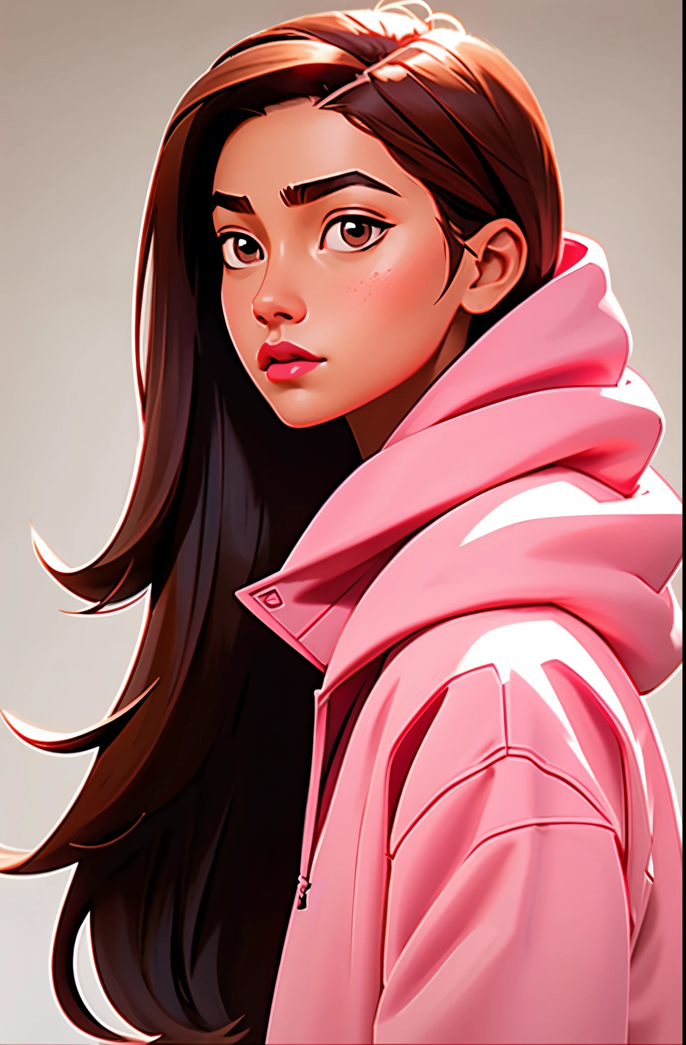Girl, soft long brown hair, gray eyes, sharp features, white skin, pink lips, calm, beautiful, hoodie for girls
