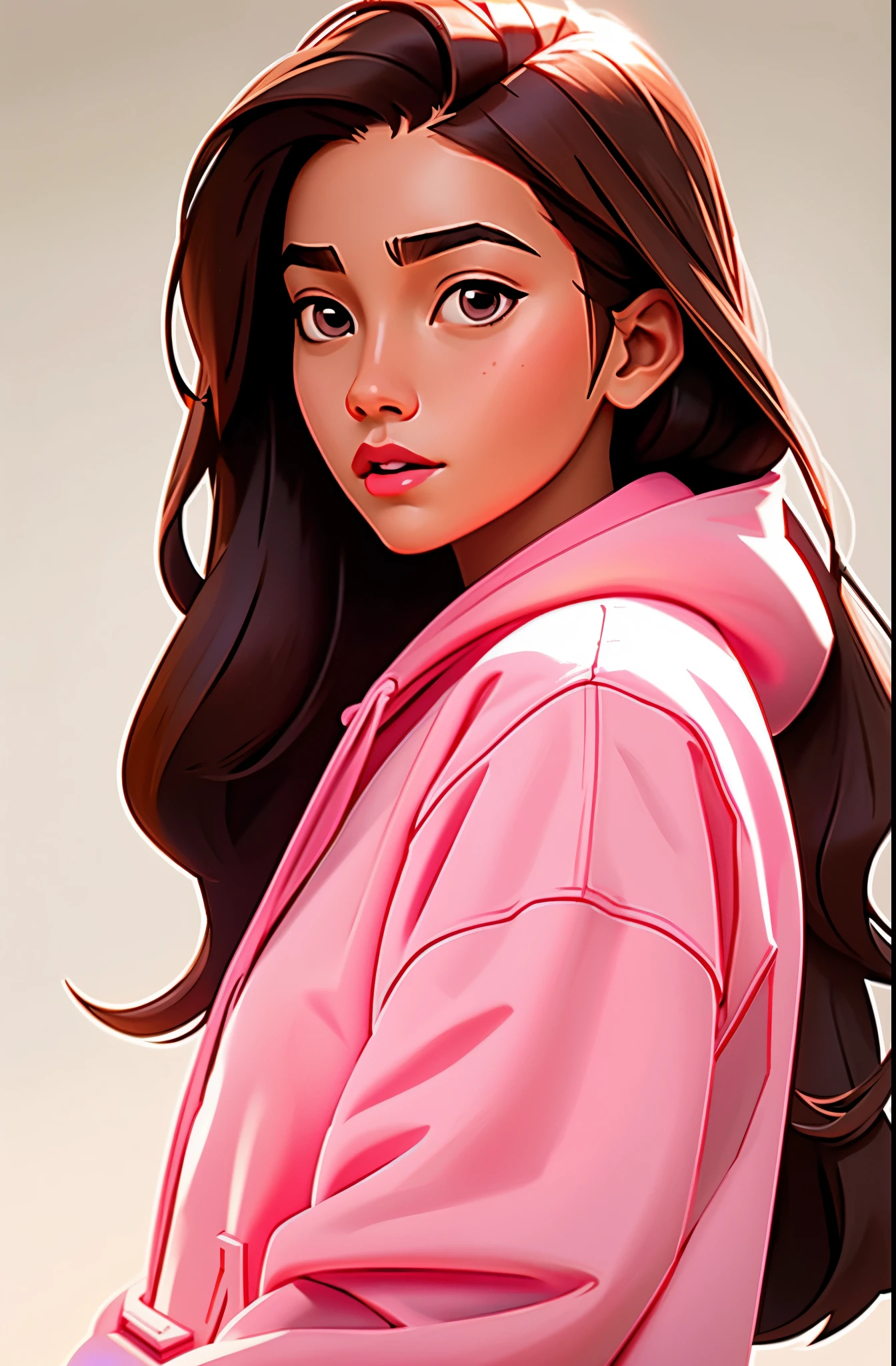 Girl, soft long brown hair, gray eyes, sharp features, white skin, pink lips, calm, beautiful, hoodie for girls