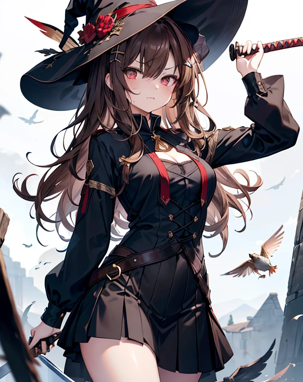 masterpiece,1girl, sparrow, a brown haired girl, wearing a witch clothes, wavy medium hair, messy hair, black skirt, slim body, she have a sword, ??????????????, she close her left eye, shirt ornament, lolippai, angry face, beautiful ???????, rounded ???????, crimson eyes, break halo, wizard hat, crimson eyes